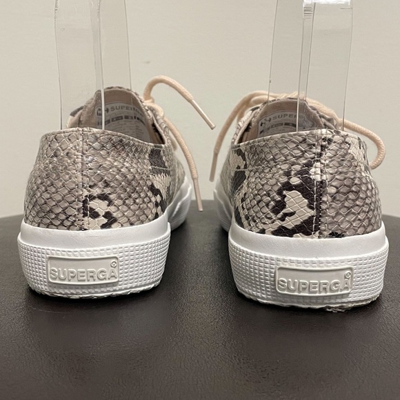 Superga Ivory Taupe Gray White Snakeskin Print Lace Up Sneakers 6 Faux Leather - Picture 7 of 12
